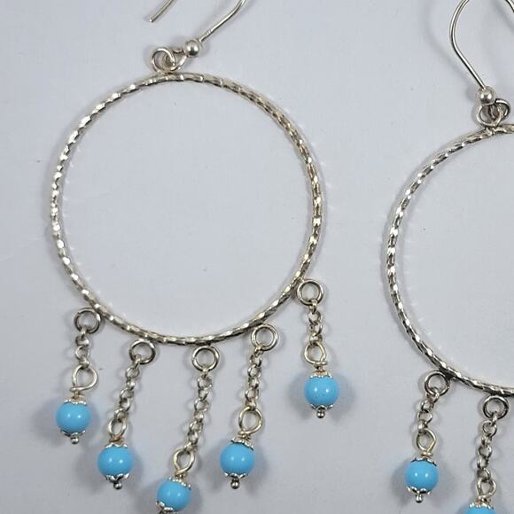 Sterling Silver Hoop Earrings Blue Beads 3 Inch Vintage Dangle Jewelry - Picture 4 of 10